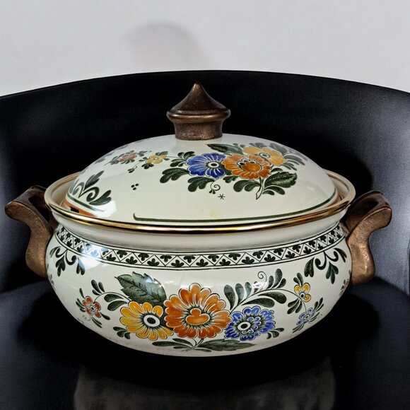 Vintage Asta Enamelware 9" Dutch Oven Soup Pot Wildflower Design Brass Handles - Picture 3 of 8